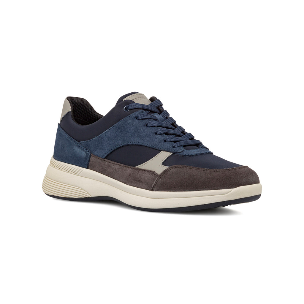 Sneakers traspiranti da uomo blu e grigie in pelle Geox