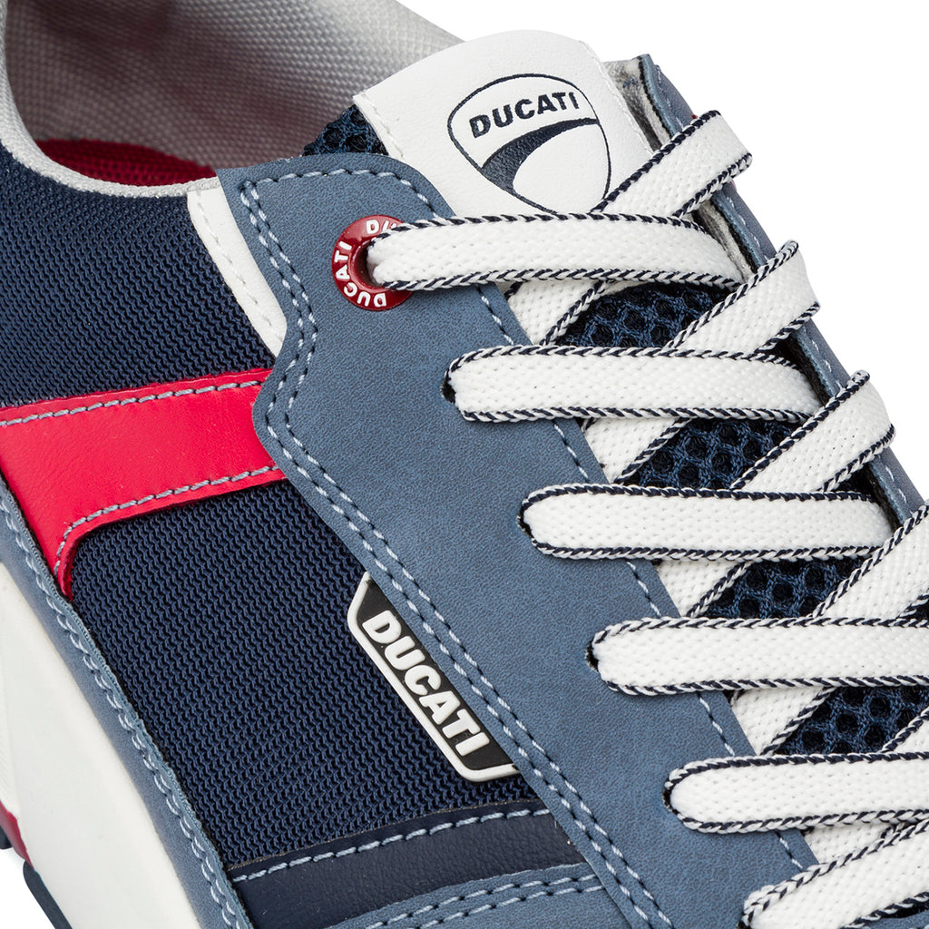 Sneakers uomo in tessuto blu con dettagli rossi e suola ammortizzata Ducati