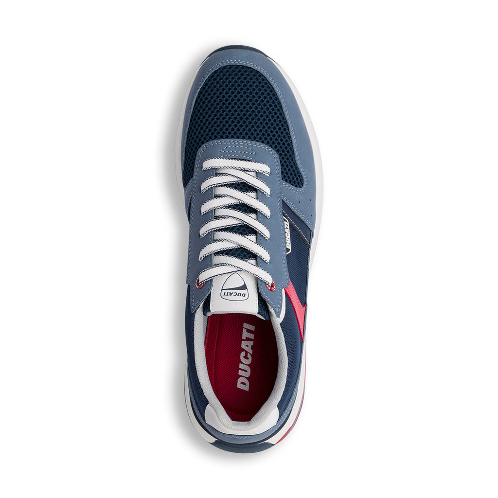 Sneakers uomo in tessuto blu con dettagli rossi e suola ammortizzata Ducati
