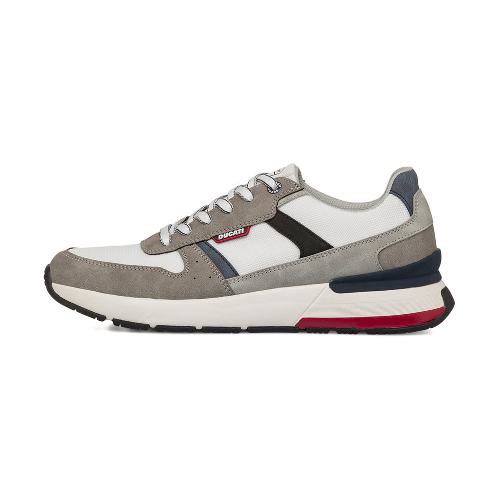 Sneakers uomo in tessuto bianco e suede grigio con suola ammortizzata Ducati