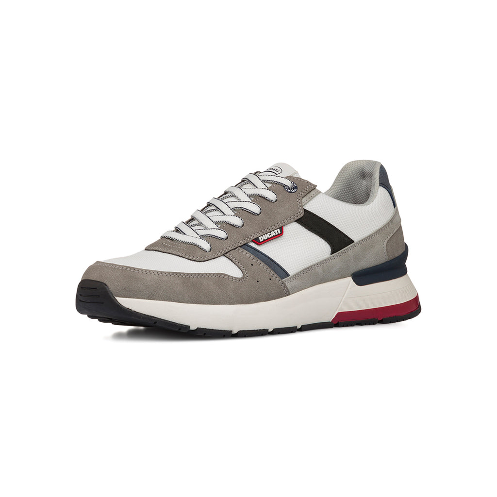 Sneakers uomo in tessuto bianco e suede grigio con suola ammortizzata Ducati