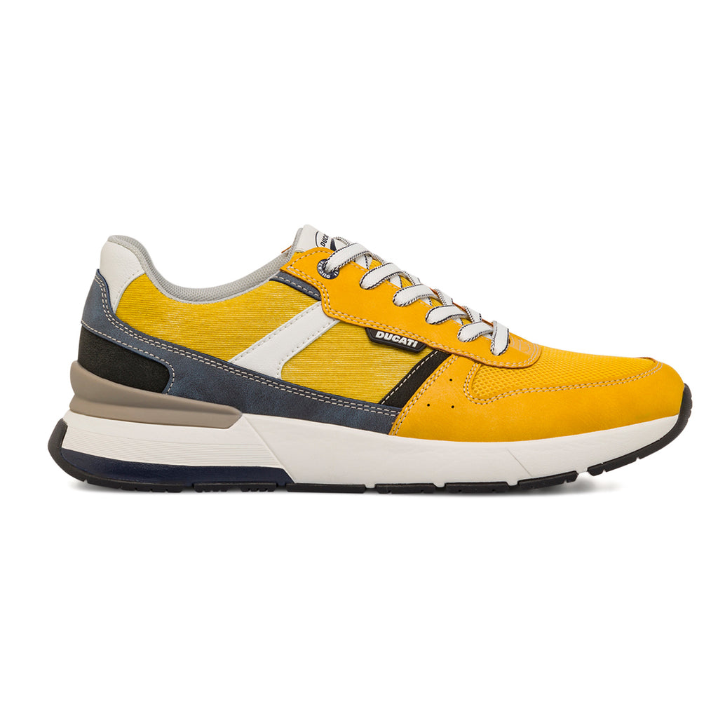 Sneakers gialle casual da uomo con dettagli neri e blu e logo Ducati