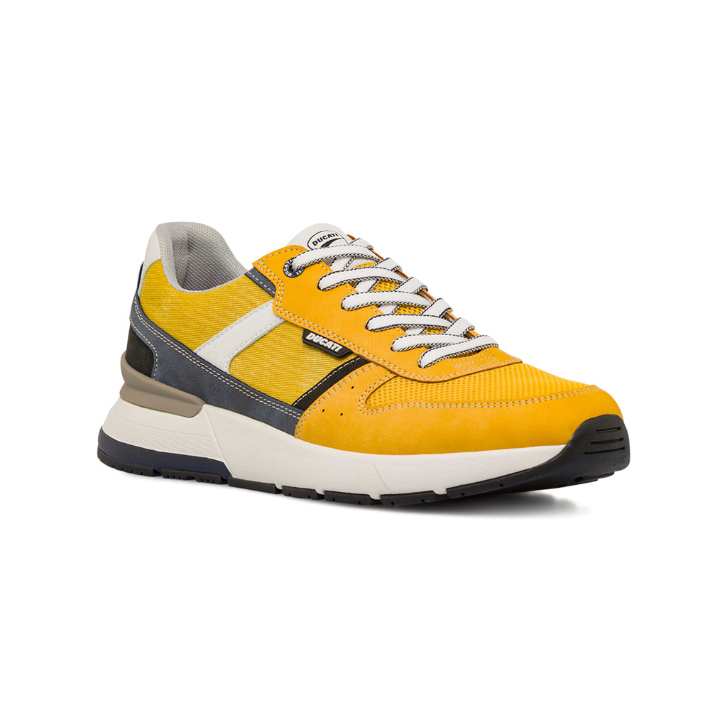 Sneakers gialle casual da uomo con dettagli neri e blu e logo Ducati