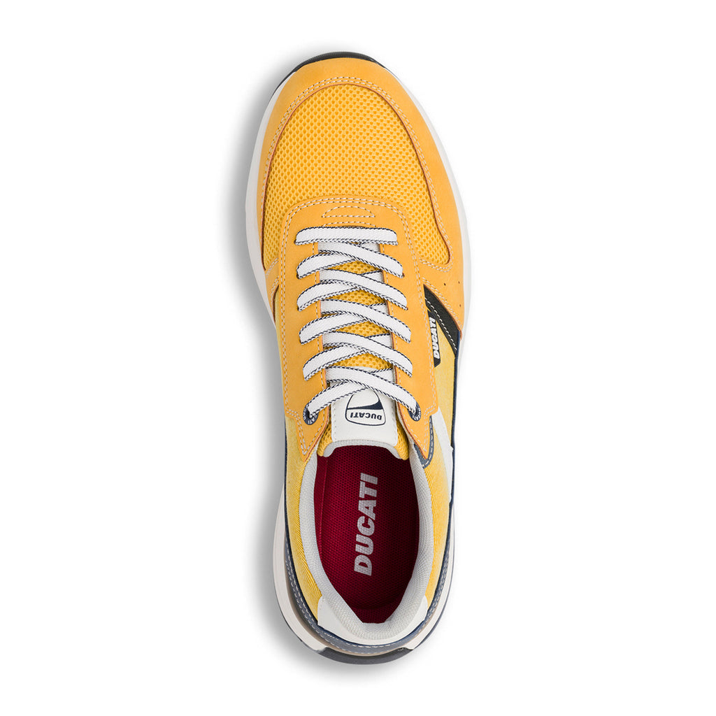 Sneakers gialle casual da uomo con dettagli neri e blu e logo Ducati