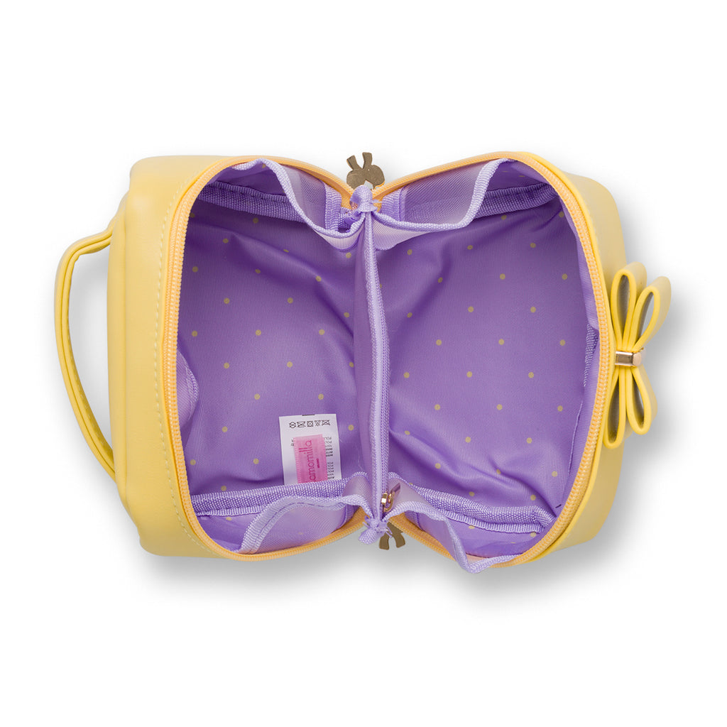 Beauty bag gialla da donna con fiocco frontale e manico Camomilla Milano