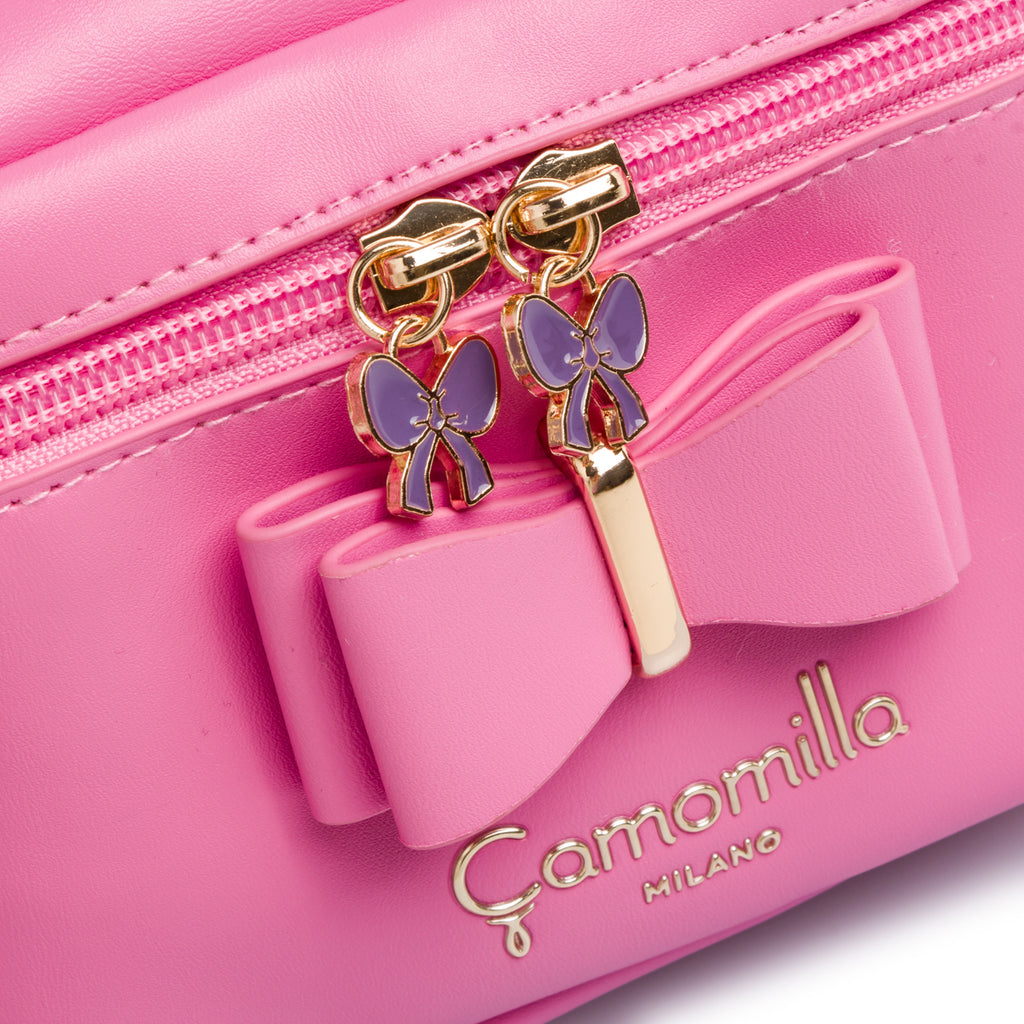 Beauty bag rosa da donna con fiocco frontale e manico Camomilla Milano
