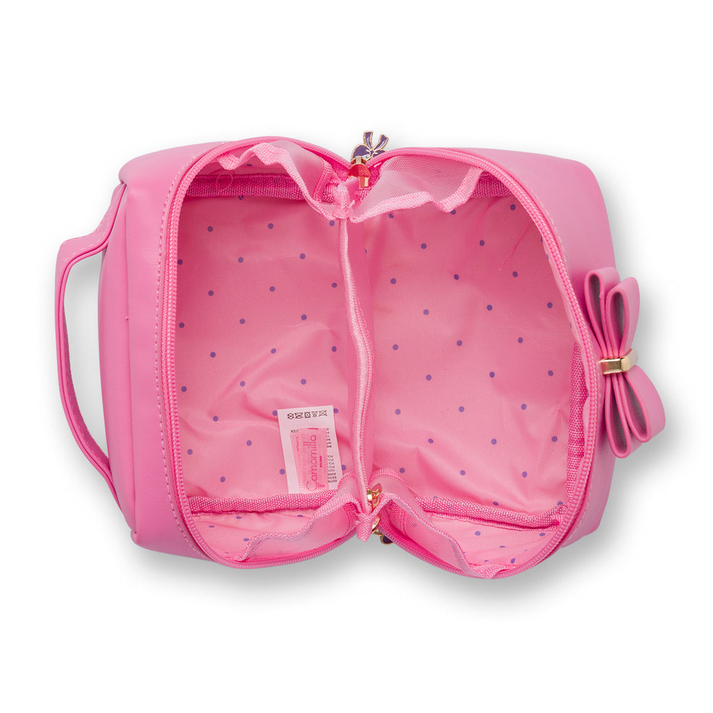 Beauty bag rosa da donna con fiocco frontale e manico Camomilla Milano