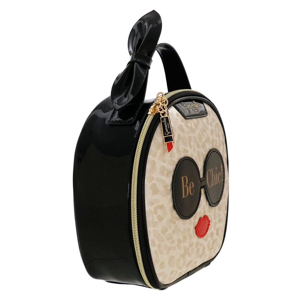 Beauty Case tondo da donna nero con stampa Be Chic! Camomilla Milano