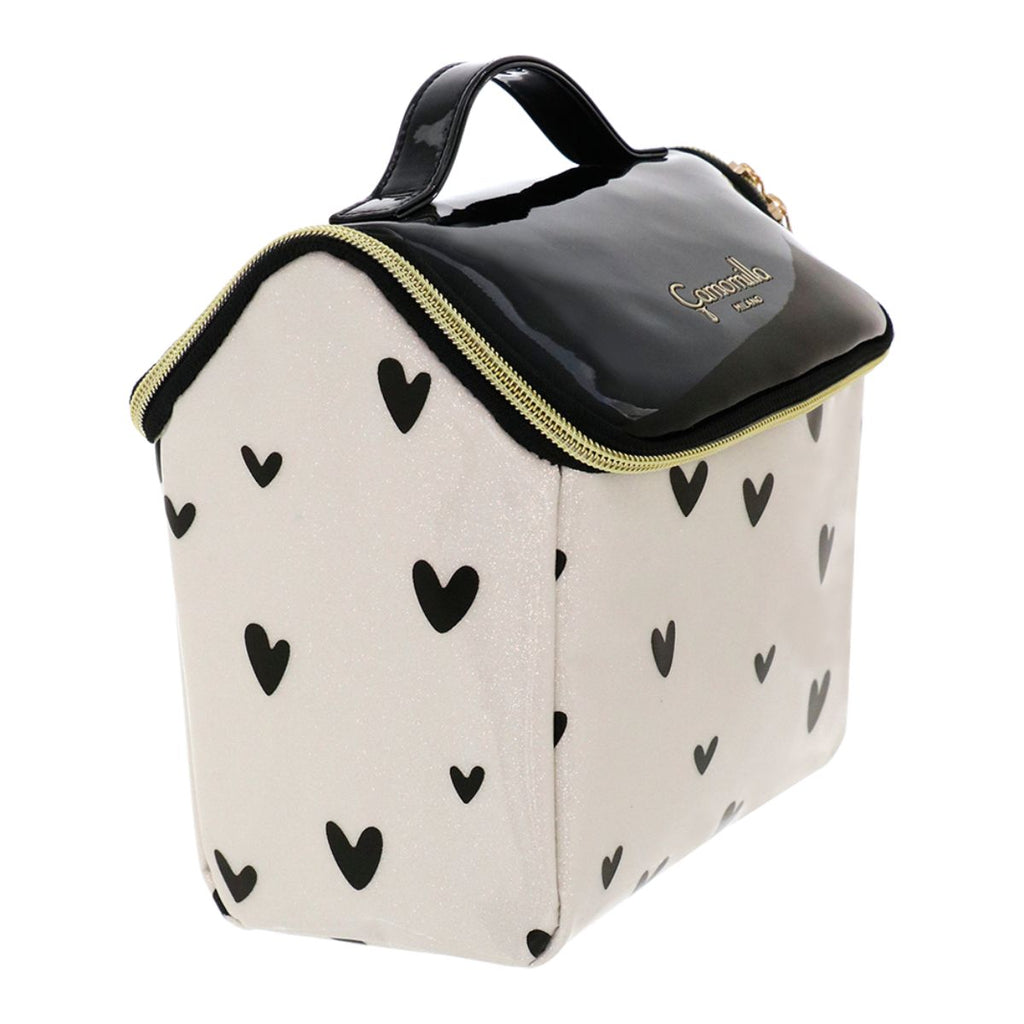 Beauty Case da donna panna con cuori neri e flap in vernice Camomilla Milano