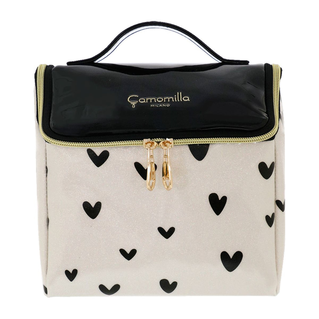 Beauty Case da donna panna con cuori neri e flap in vernice Camomilla Milano