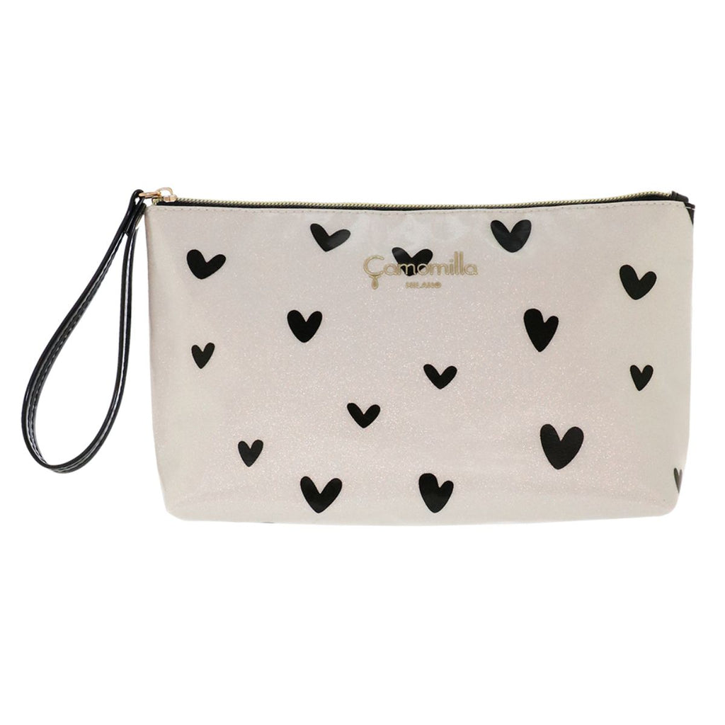 Pochette da donna bianca glitterata con stampa a cuori neri Camomilla Milano