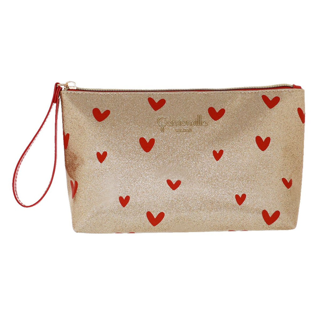 Pochette da donna color oro con stampa a cuori rossi Camomilla Milano