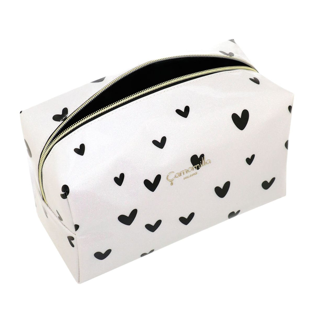 Beauty Case da donna bianco a cuori neri con effetto glitter Camomilla Milano