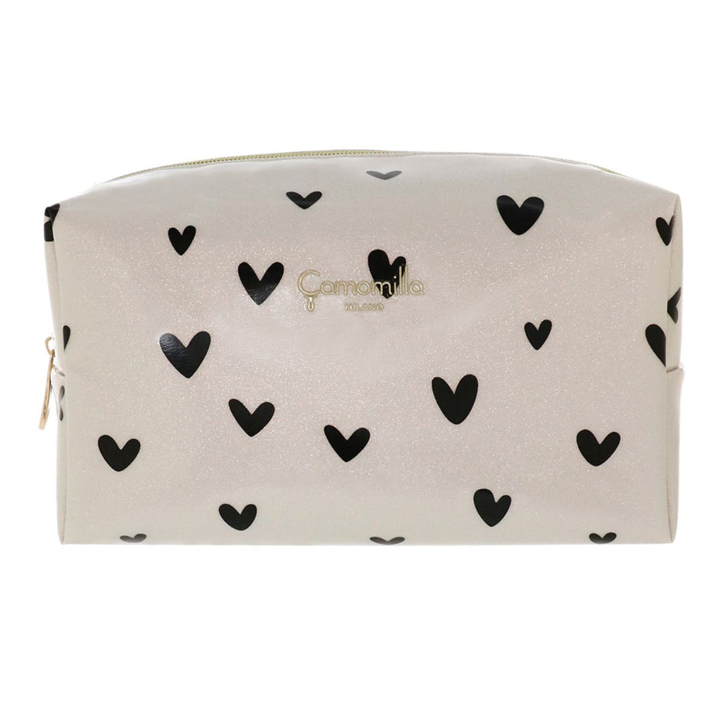 Beauty Case da donna bianco a cuori neri con effetto glitter Camomilla Milano