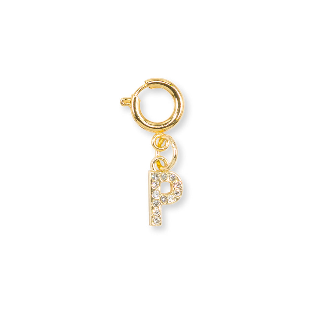 Charm Lettera P strass oro dettaglio chic scarpe borse Lora Ferres