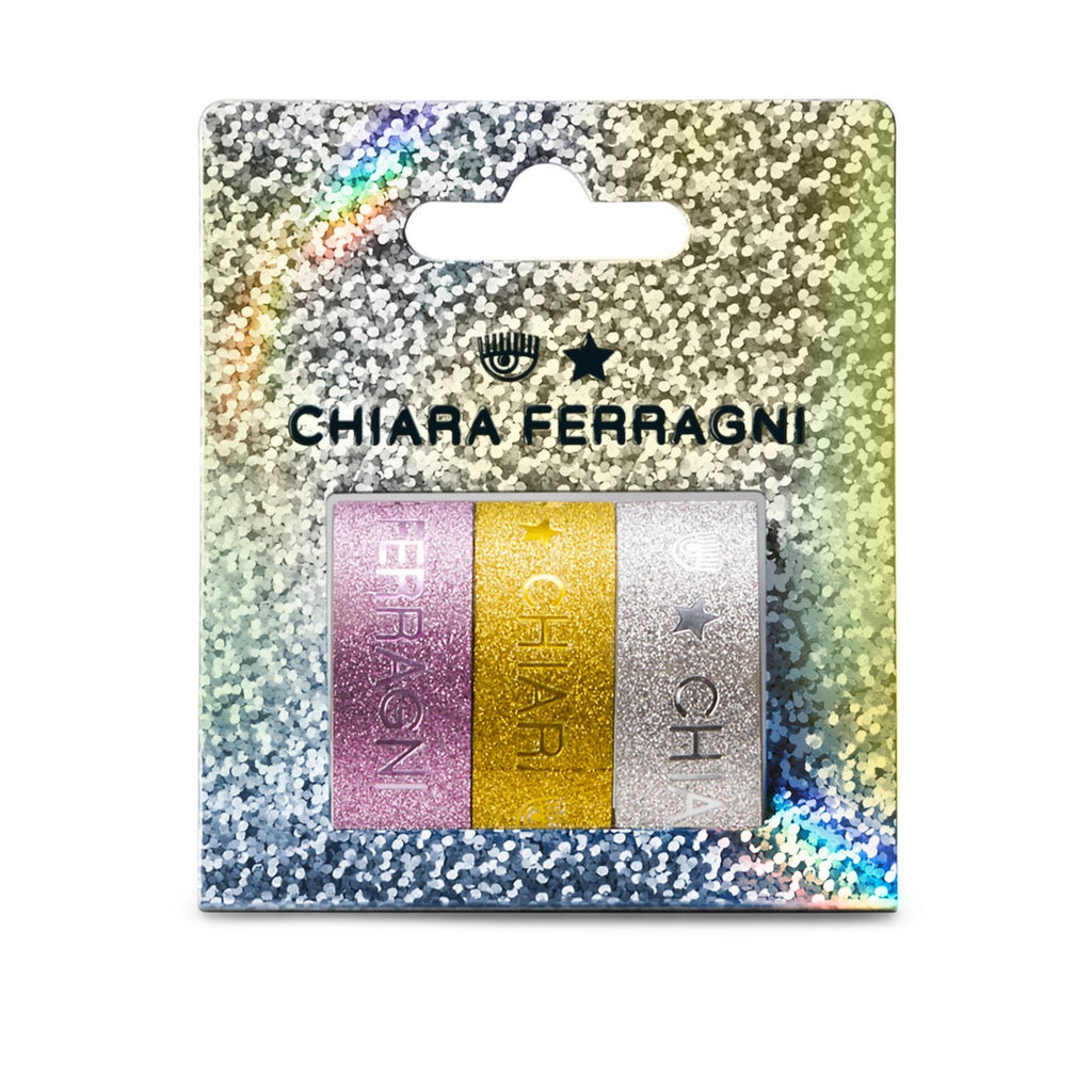 Set di nastro adesivo argento, oro e rosa con glitter e logo Chiara Ferragni