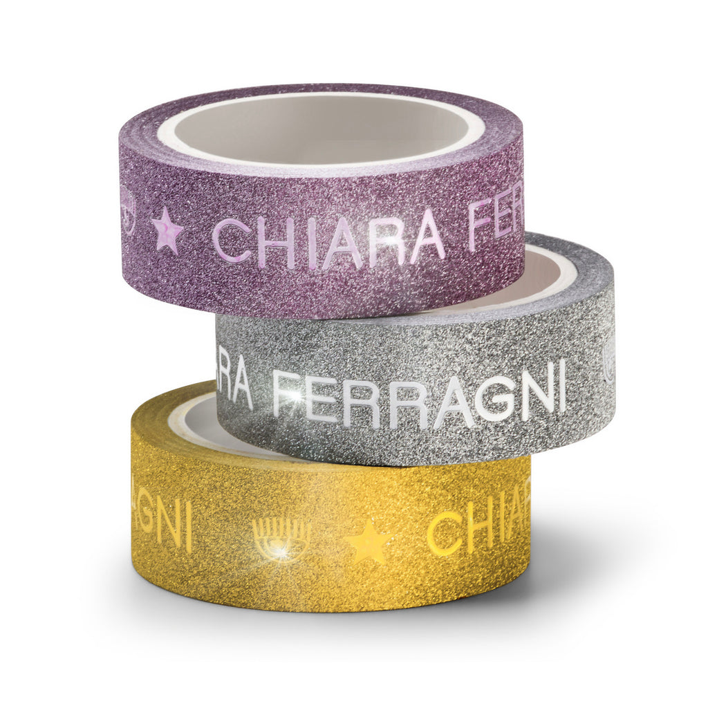 Set di nastro adesivo argento, oro e rosa con glitter e logo Chiara Ferragni