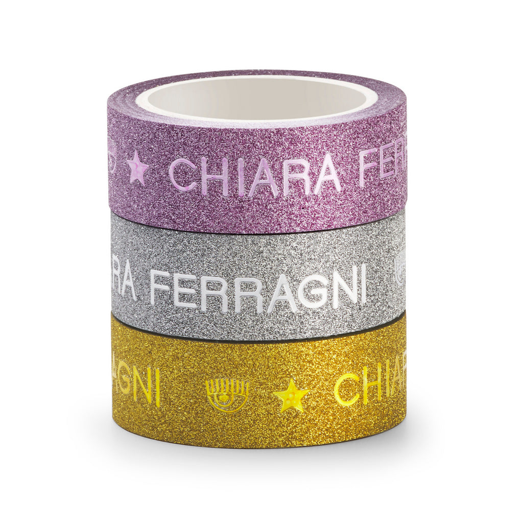 Set di nastro adesivo argento, oro e rosa con glitter e logo Chiara Ferragni