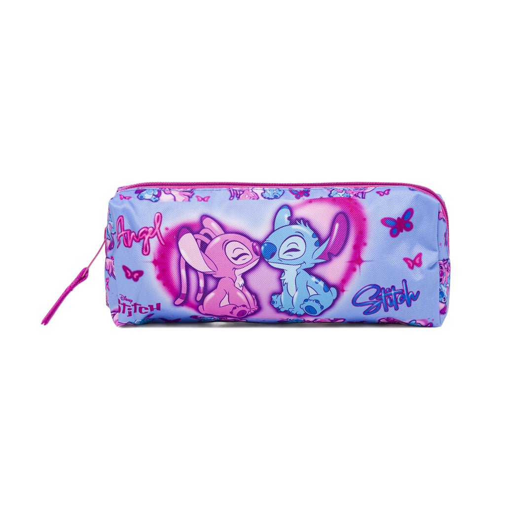 Astuccio Disney Stitch & Angel azzurro e rosa con cuori e farfalle