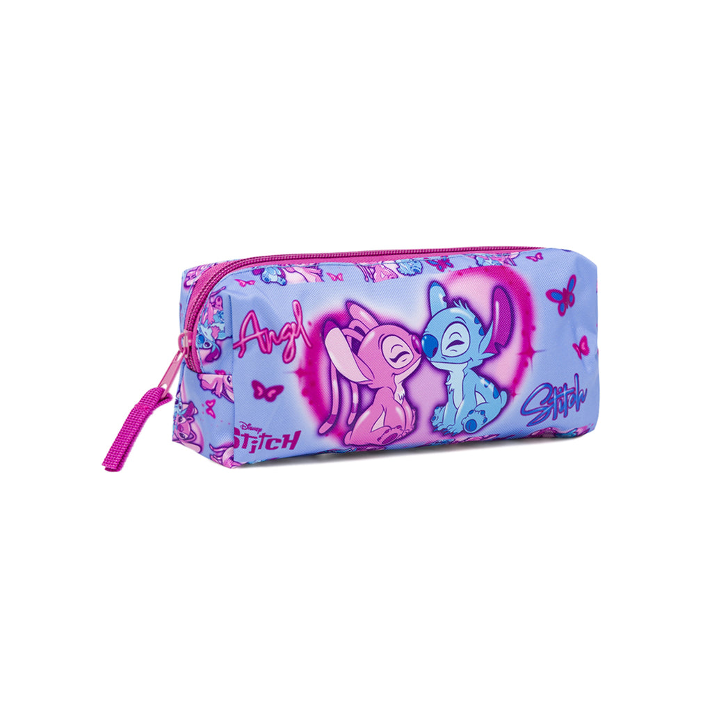 Astuccio Disney Stitch & Angel azzurro e rosa con cuori e farfalle