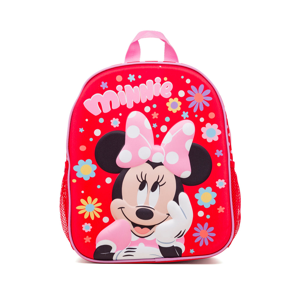 Zaino piccolo da scuola rosa e rosso con dettaglio in rilievo Minnie