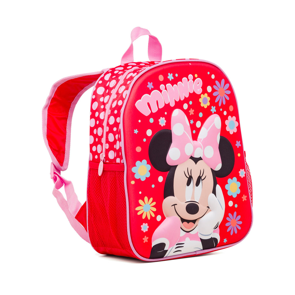 Zaino piccolo da scuola rosa e rosso con dettaglio in rilievo Minnie