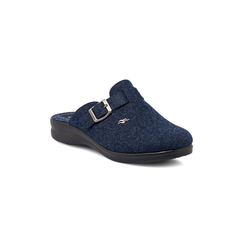Ciabatte da donna blu in tessuto con fibbia e logo decorativo Fly Flot