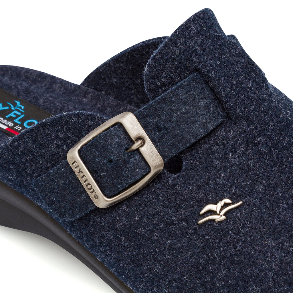 Ciabatte da donna blu in tessuto con fibbia e logo decorativo Fly Flot