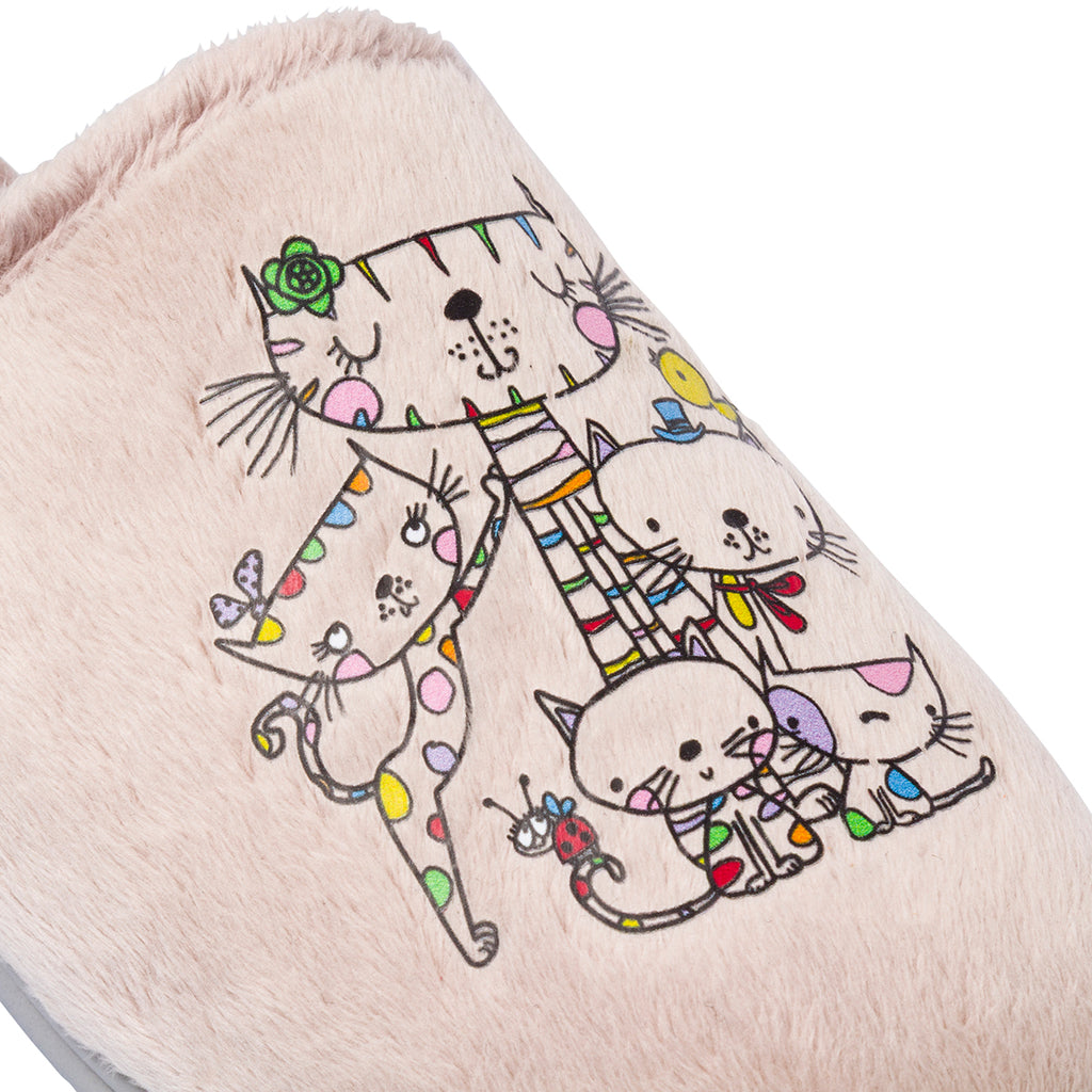 Pantofole da donna beige con ricamo di gattini colorati Tiglio