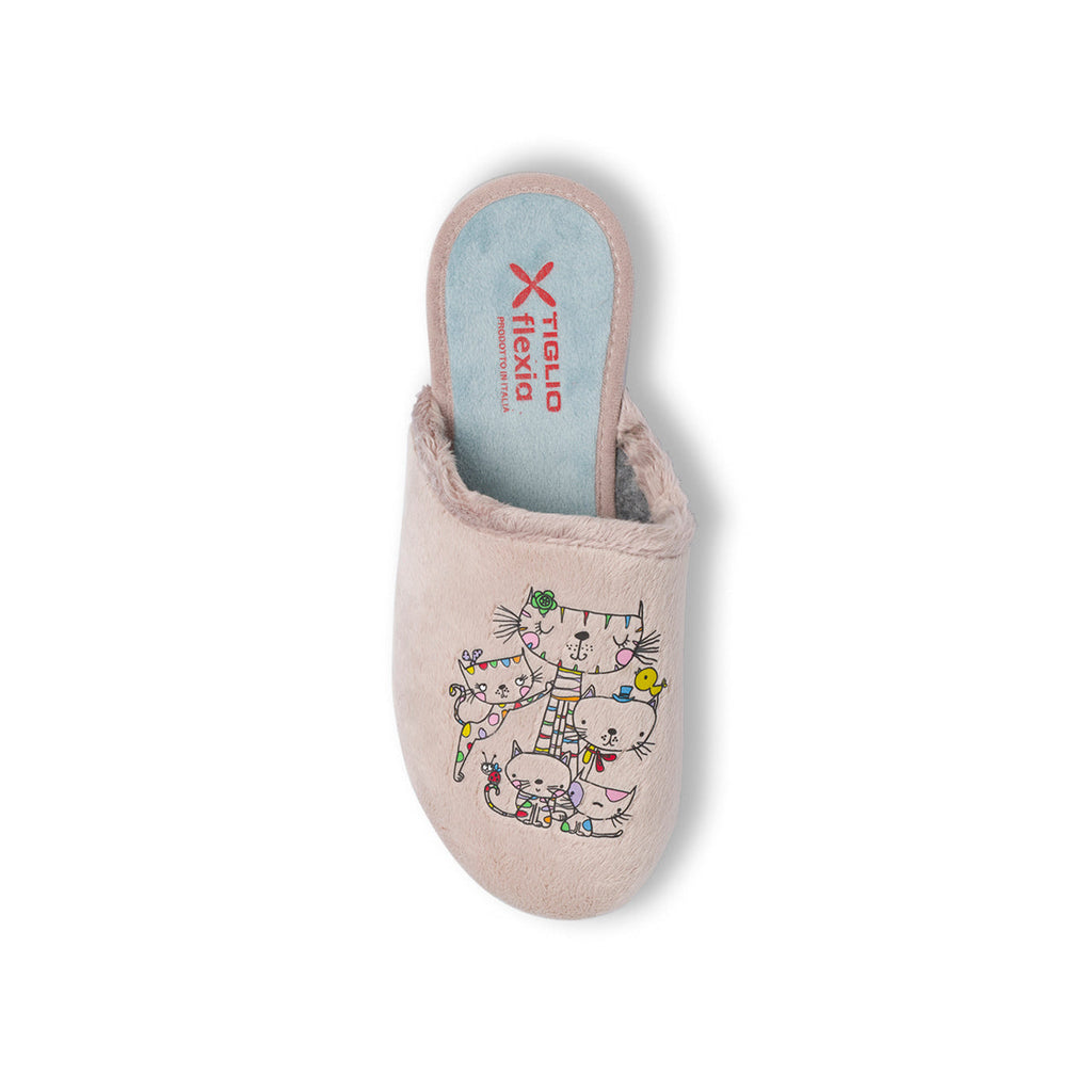Pantofole da donna beige con ricamo di gattini colorati Tiglio