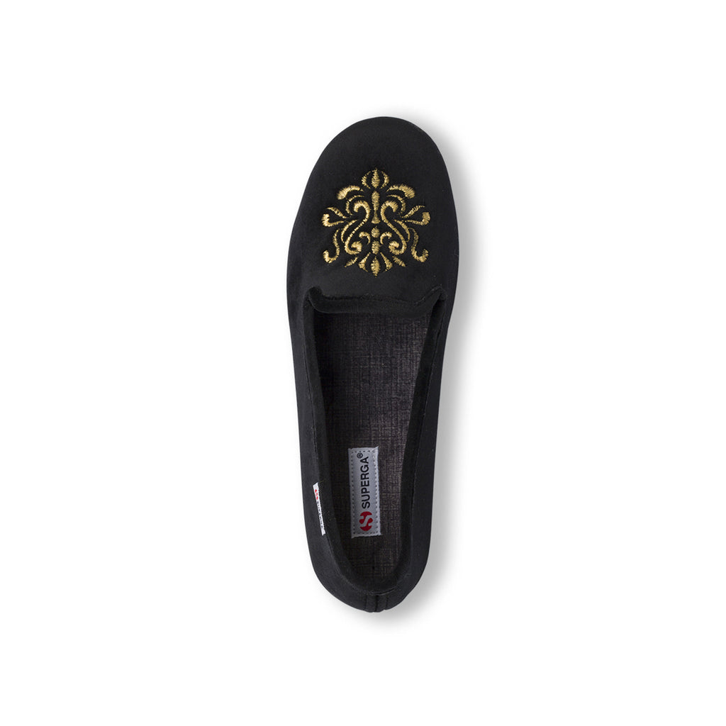 Pantofole da donna nere Superga con ricamo dorato effetto velluto