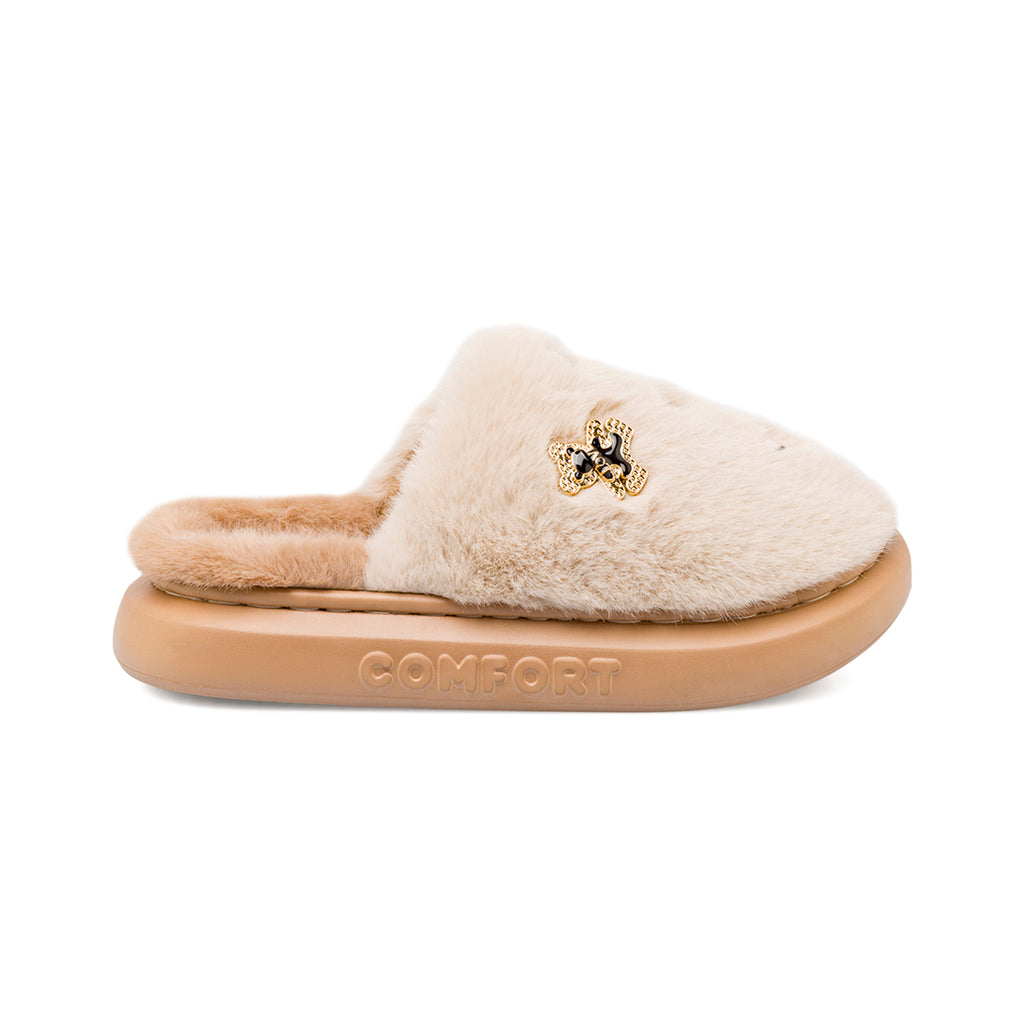 Pantofole da donna Superga beige in finta pelliccia con charm
