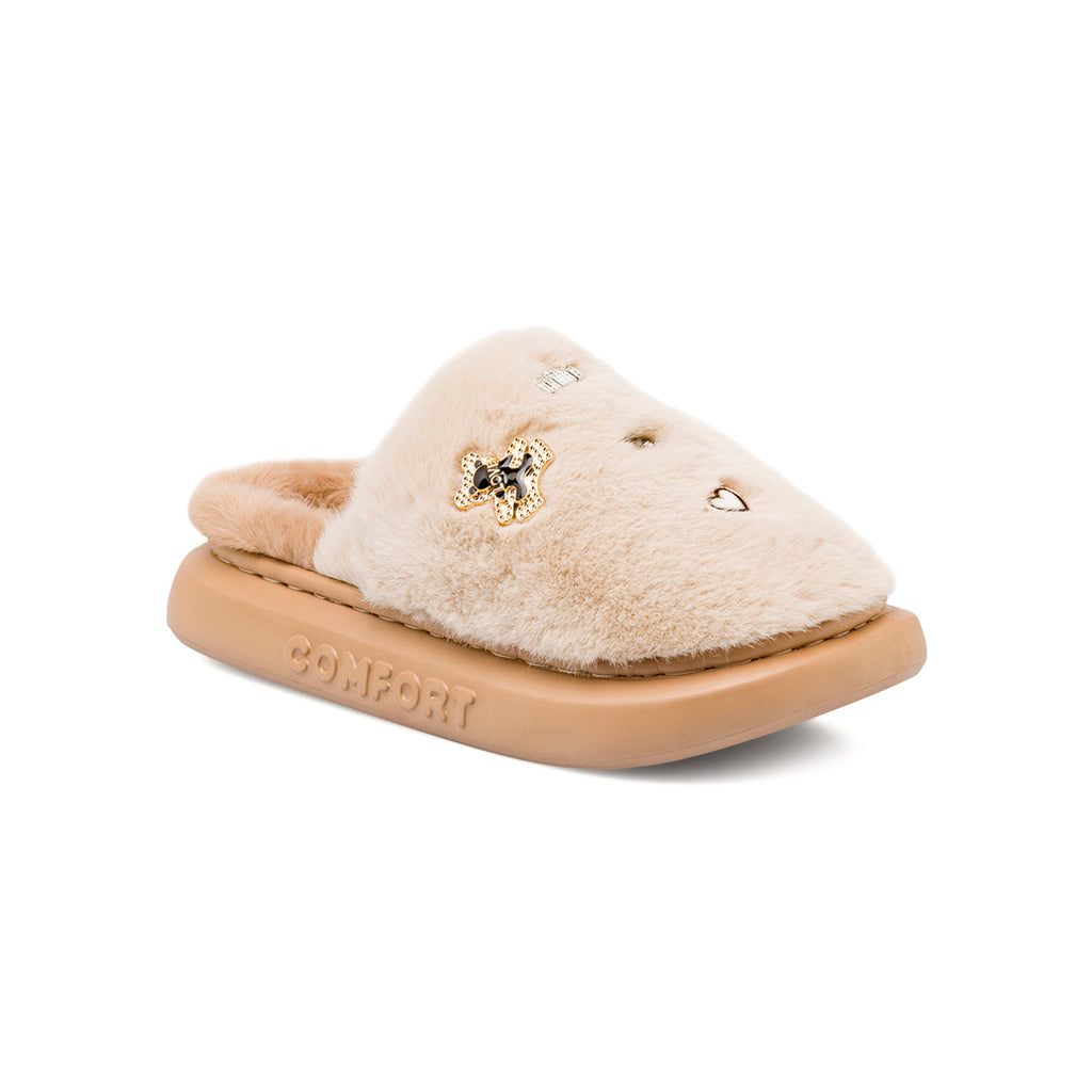 Pantofole da donna Superga beige in finta pelliccia con charm