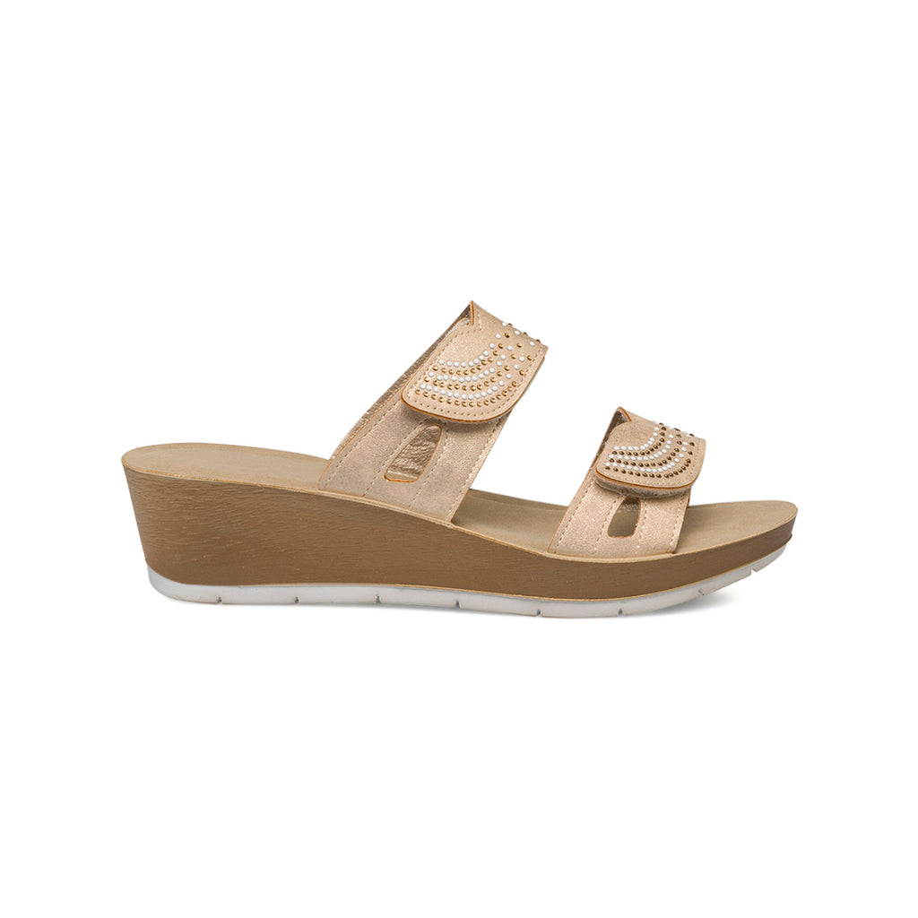 Ciabatte doppia fascia beige da donna con velcro e strass InBlu