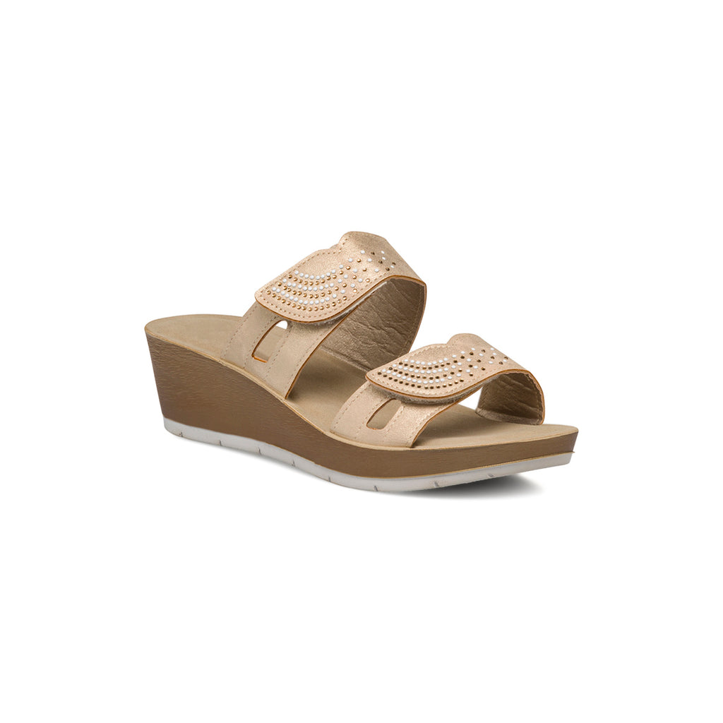 Ciabatte doppia fascia beige da donna con velcro e strass InBlu