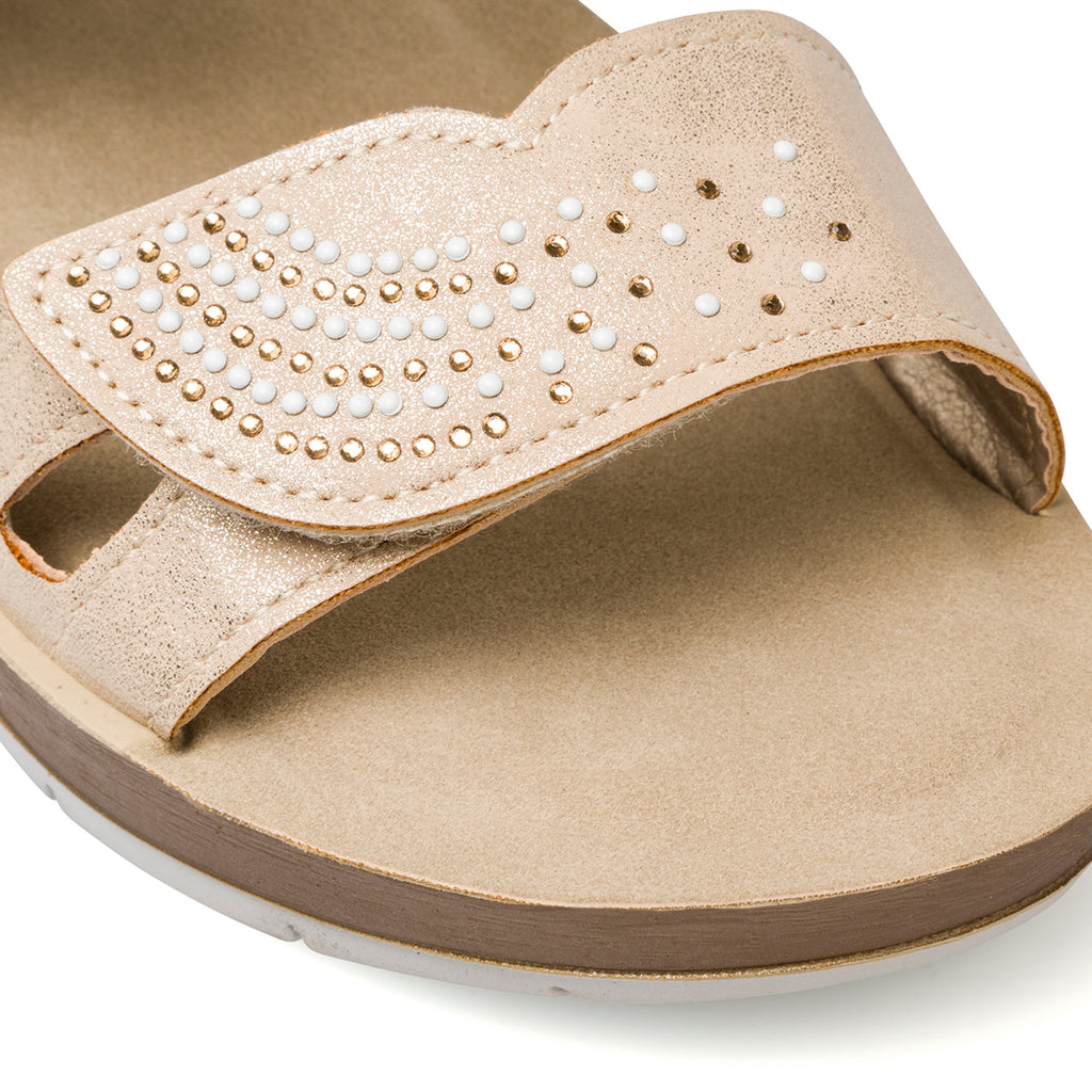 Ciabatte doppia fascia beige da donna con velcro e strass InBlu