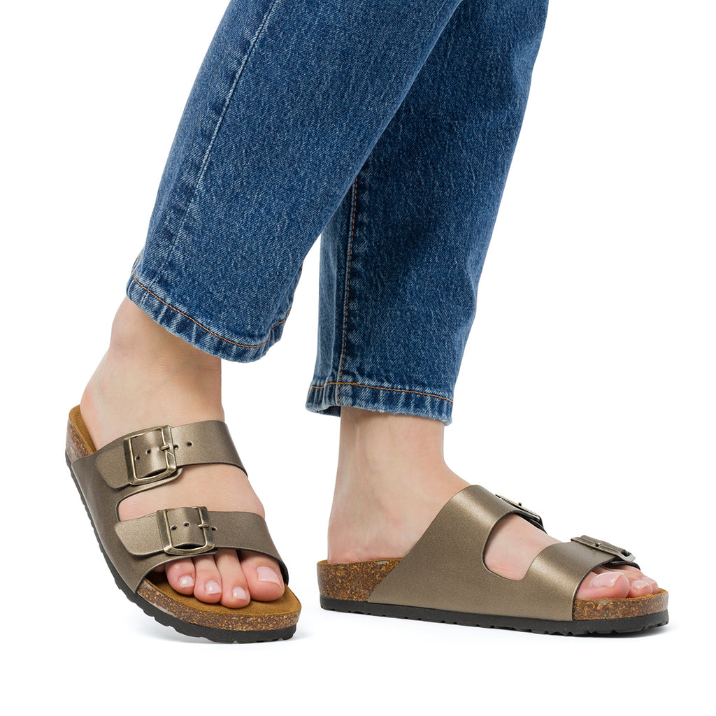 Ciabatte da donna bronzo con sottopiede in pelle e doppia fibbia Italia Trend Sabina