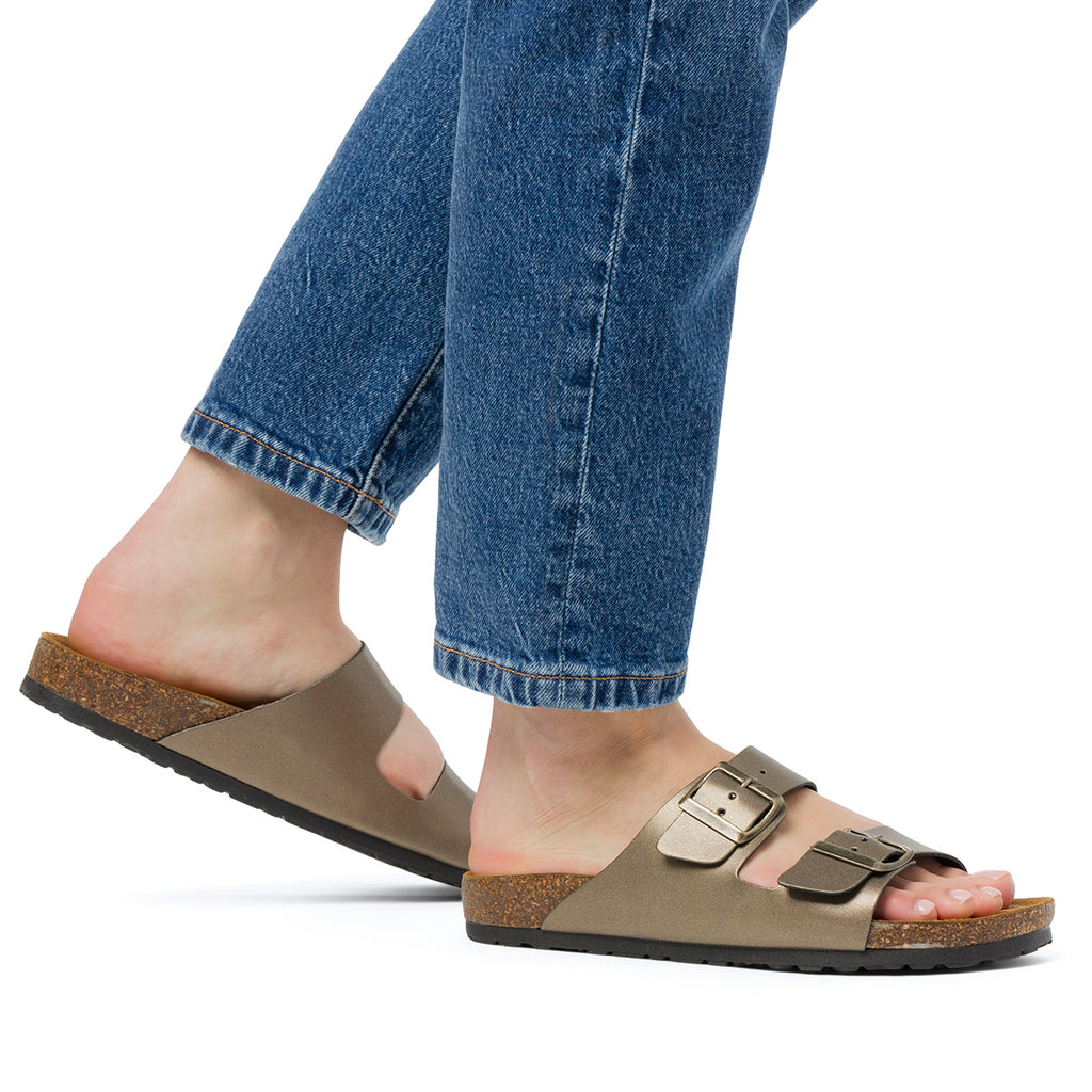 Ciabatte da donna bronzo con sottopiede in pelle e doppia fibbia Italia Trend Sabina