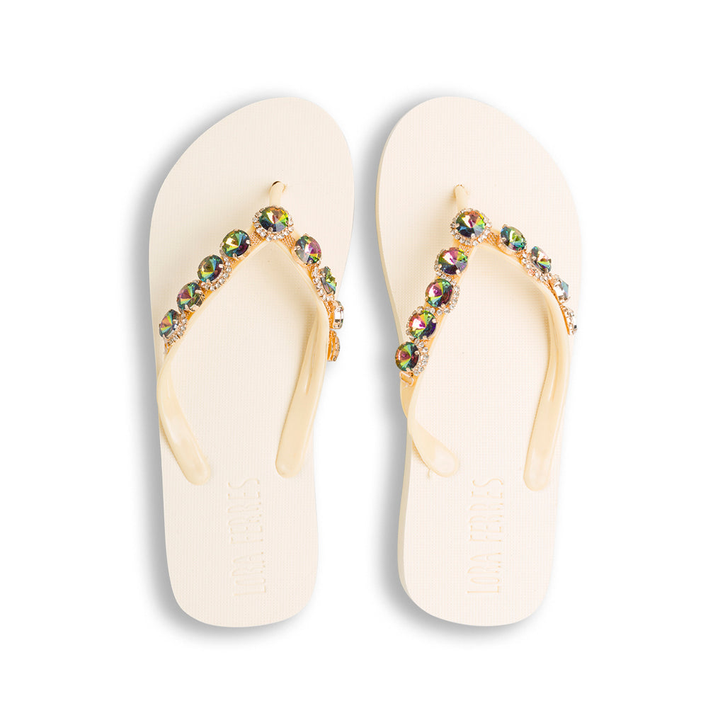 Ciabatte infradito beige da donna con decorazioni strass Lora Ferres