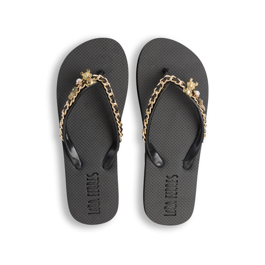 Ciabatte infradito da donna nere con strass e dettagli in metallo Lora Ferres