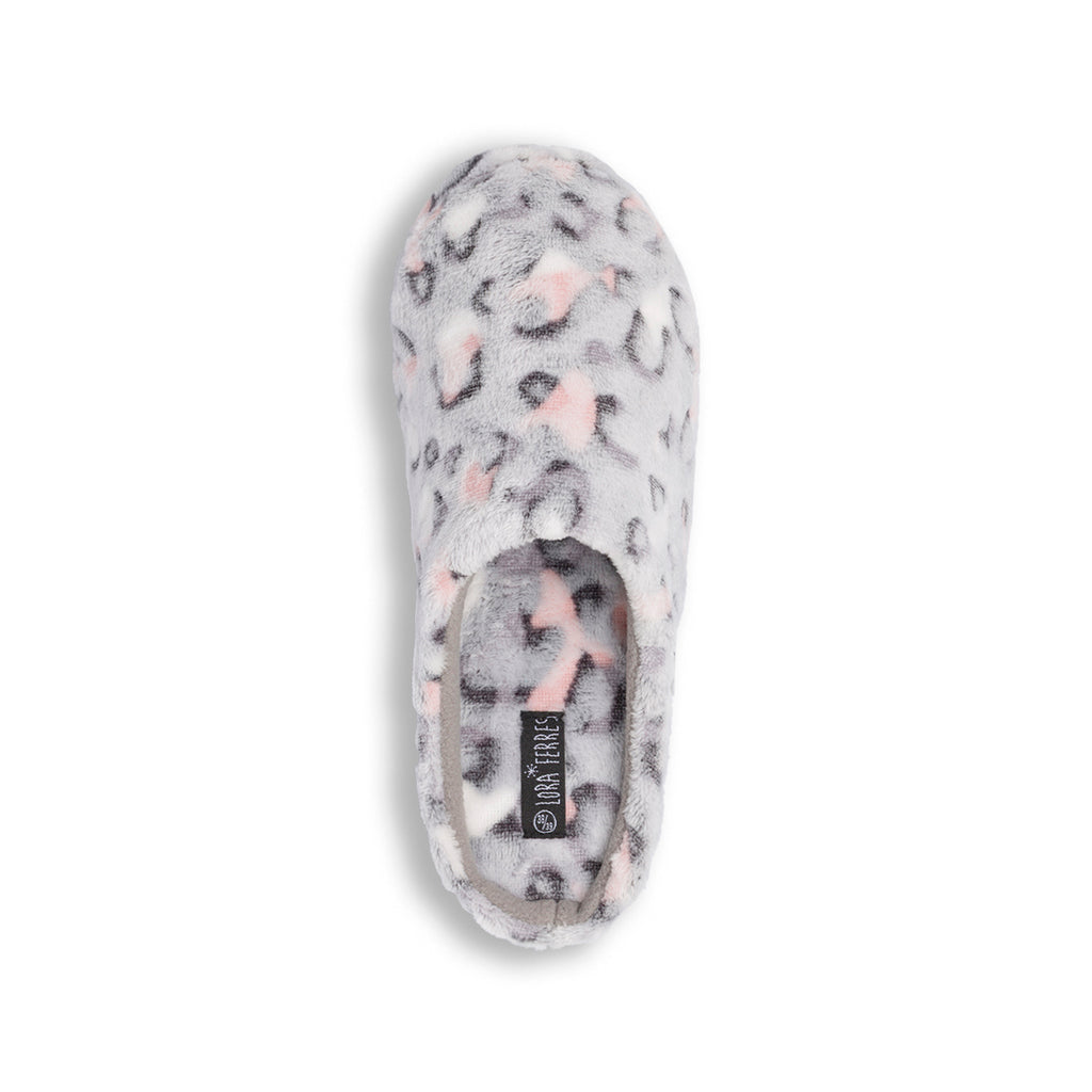 Ciabatte da donna Lora Ferres grigie in peluche con stampa leopardata