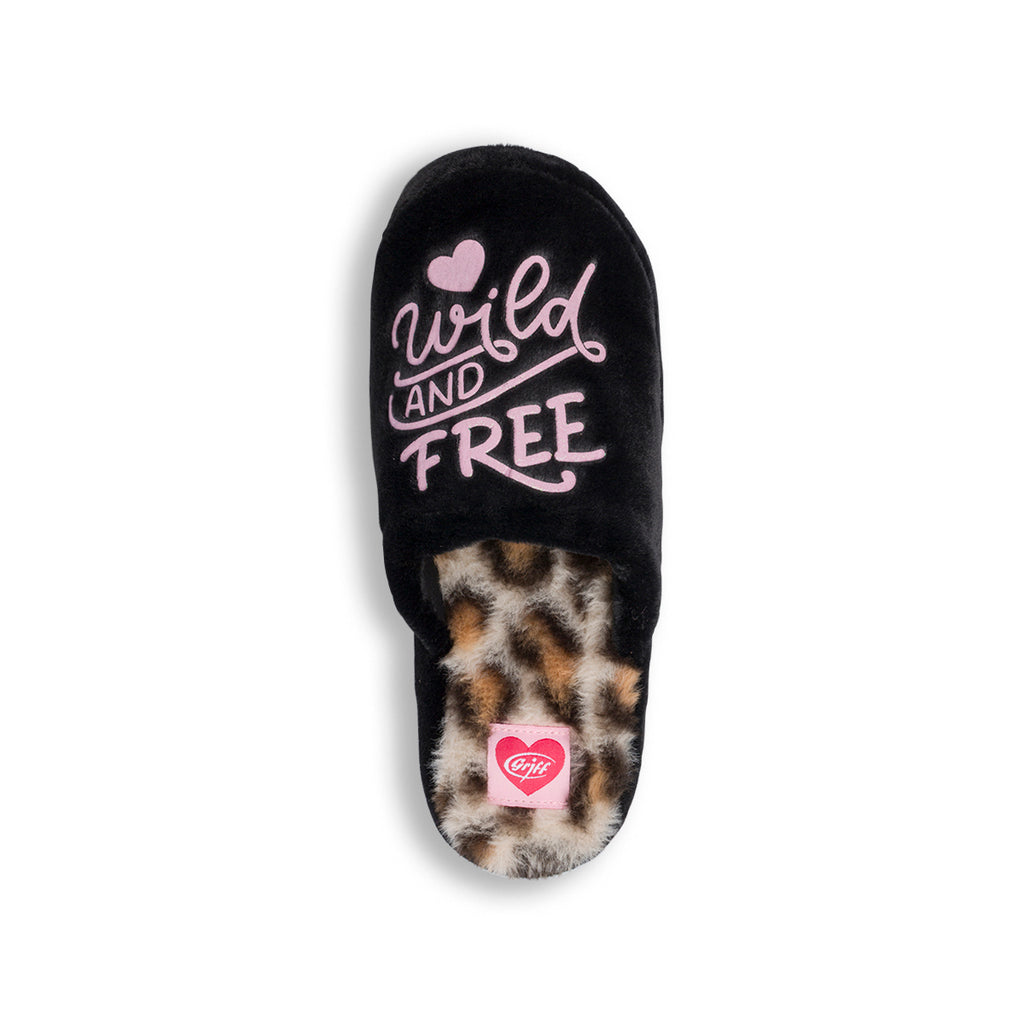 Pantofole da donna nere Griff con scritta glitter e interno leopardato