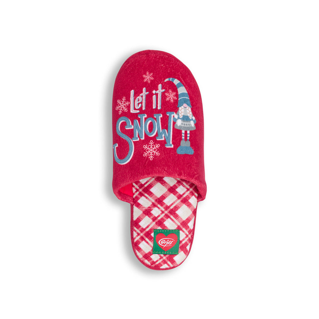 Pantofole da donna rosse Griff con stampa natalizia gnomo Let it Snow