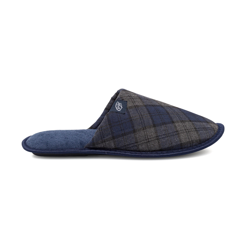 Pantofole da uomo Griff blu e grigio in tessuto con fantasia tartan