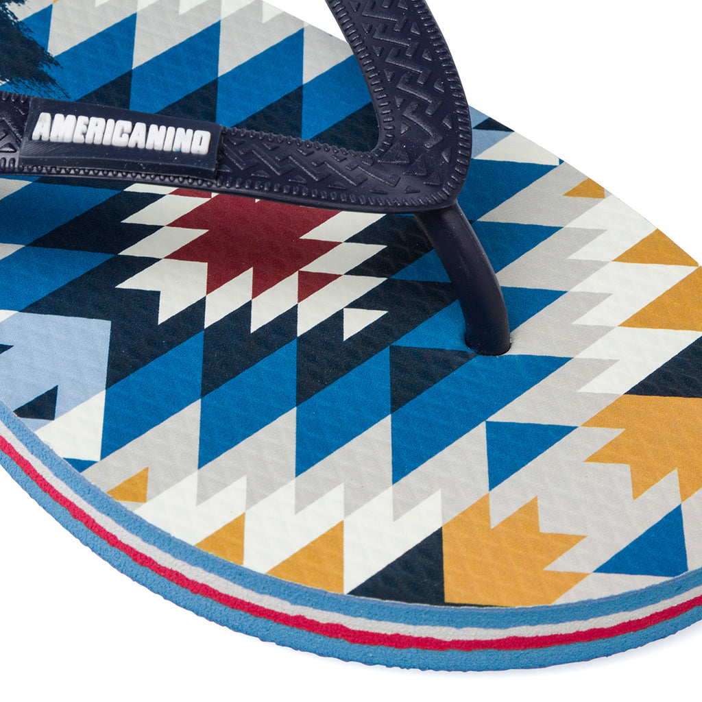 Ciabatte infradito da uomo blu con stampa multicolore e logo Americanino