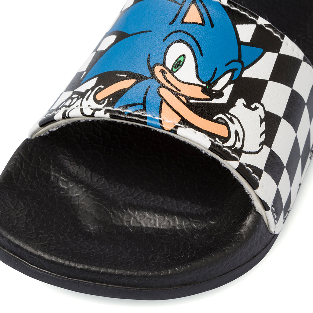 Ciabatte da bambino nere e bianche fascia singola e stampa frontale Sonic