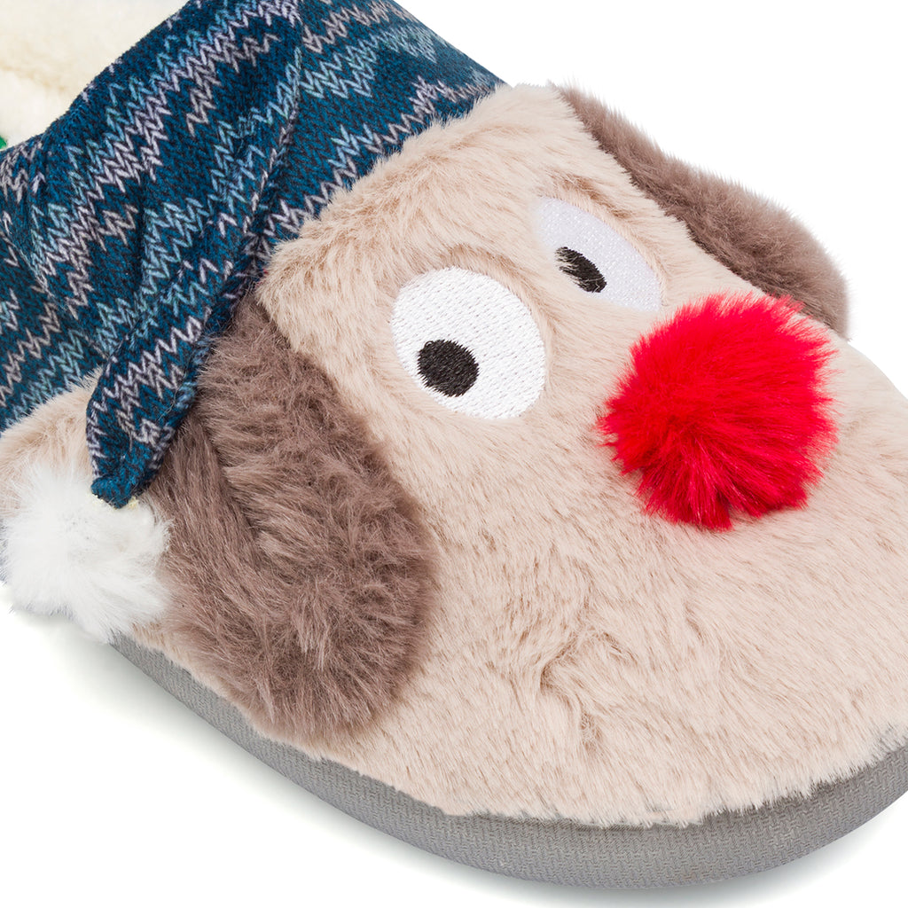 Ciabatte da bambina blu in tessuto con cane peluche Griff