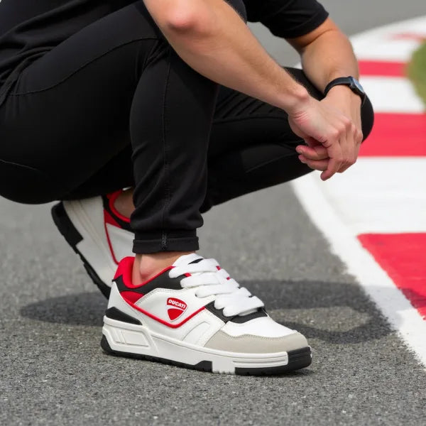 Sneakers bianche e nere da Uomo con inserti rossi e logo Ducati