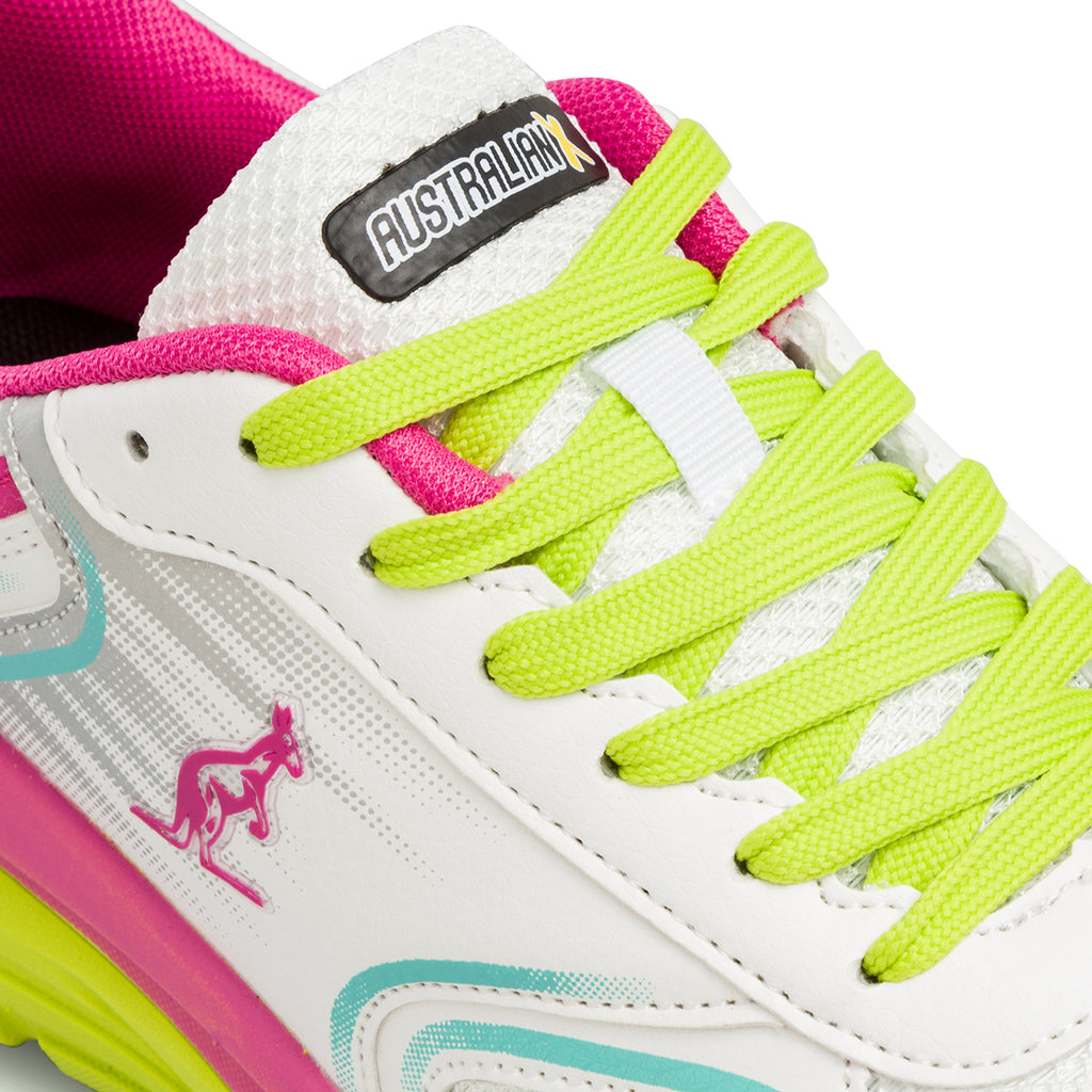 Scarpe da ginnastica da donna bianche fucsia e verdi con logo laterale Australian React