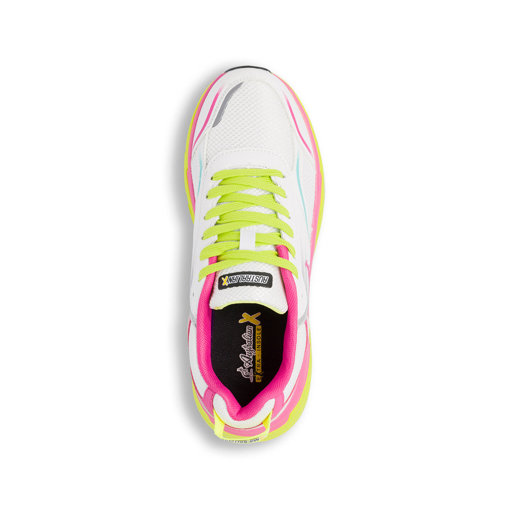 Scarpe da ginnastica da donna bianche fucsia e verdi con logo laterale Australian React